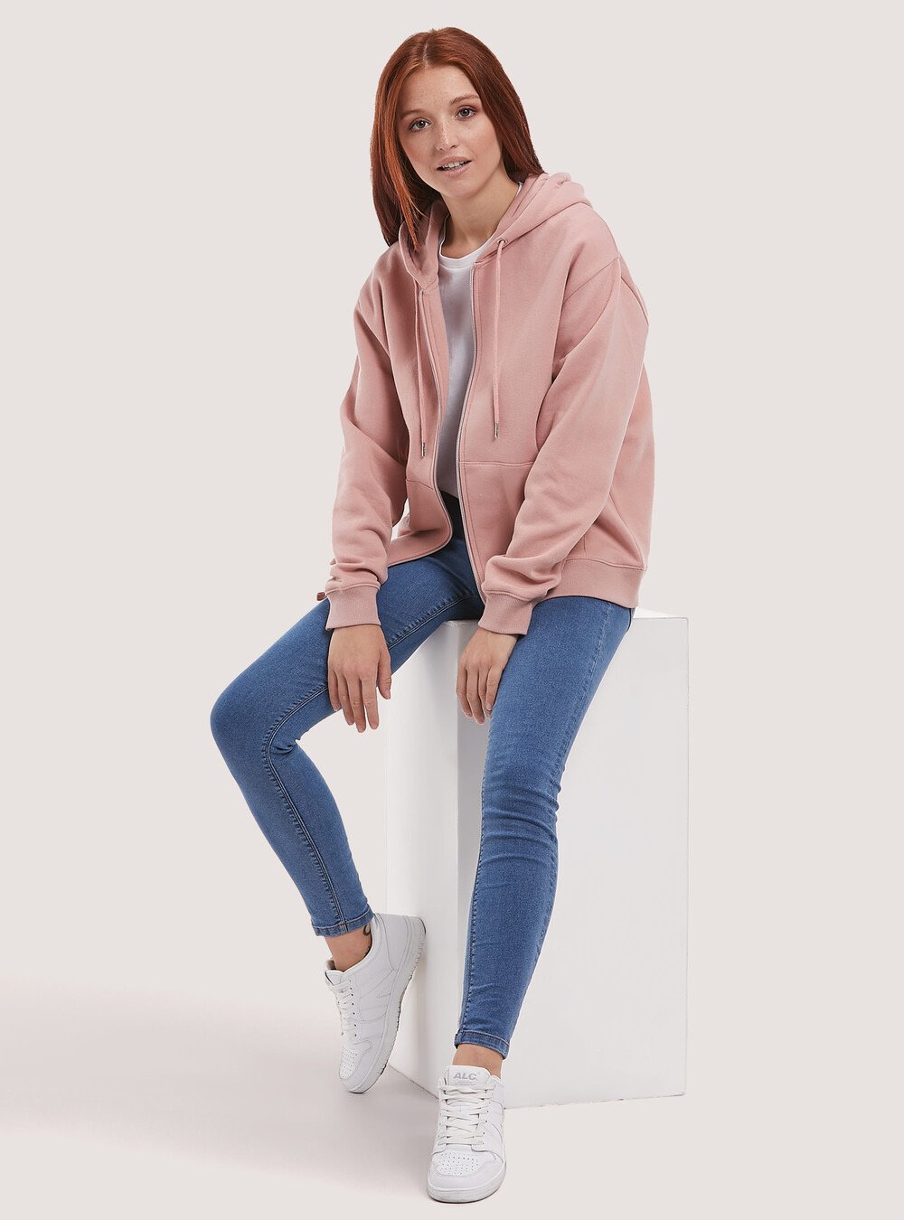 Pink Basic sweatshirt with zip and hood